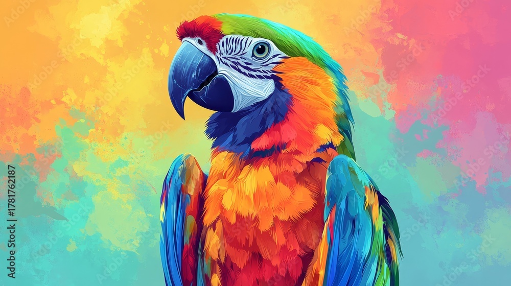 Obraz premium parrot illustrated in digital art, ideal for animal-themed posters, postcards, or printing. The vibrant cartoon drawing adds creativity and charm to any decorative space, Generative AI