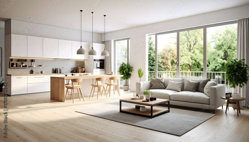 Fototapeta premium Bright modern open-plan living space with kitchen island and nature views