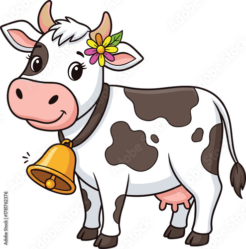 Cheerful cartoon cow with flower behind ear and golden bell, black and white dairy design for kids and farm themes