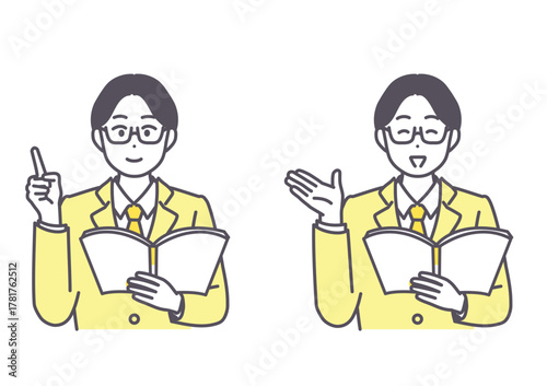 ビジネス男性が説明、解説しているイラスト素材