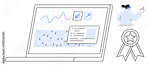 Laptop screen displays graphs, analysis tools, and growth icons. Person gestures toward insights, reflecting tasks. Ideal for technology, business, analysis, progress success education teamwork