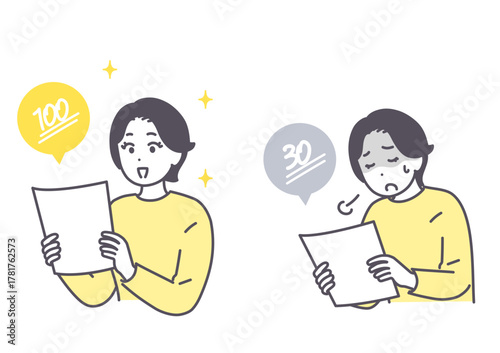 テストの点数を見て喜ぶ母親　がっかりする母親
