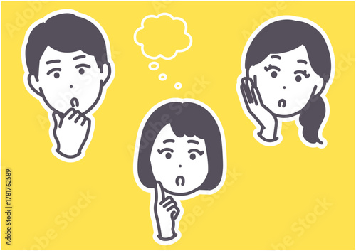 考える様子の若い親子　ワンポイントイラスト素材