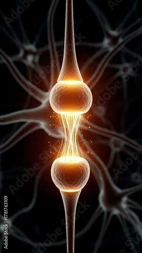 3D illustration of a glowing neural synapse transmitting electrical signals between neurons in the human brain, representing nerve communication, neuroscience, neural network connection