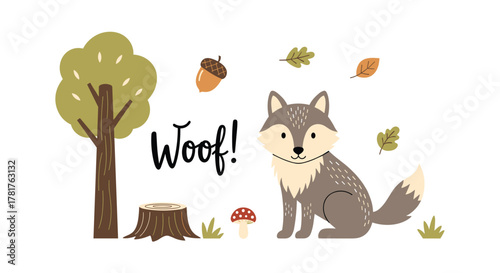 A charming cartoon wolf sits in an autumnal forest scene featuring a tree, stump, acorn, mushroom, and falling leaves, expressing 'Woof!'.