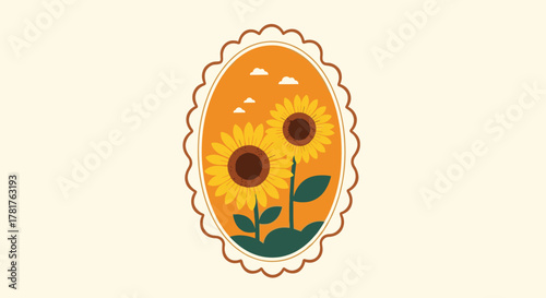 A charming illustration of two bright sunflowers blooming in a decorative oval frame, set against a warm orange sky with whimsical clouds.