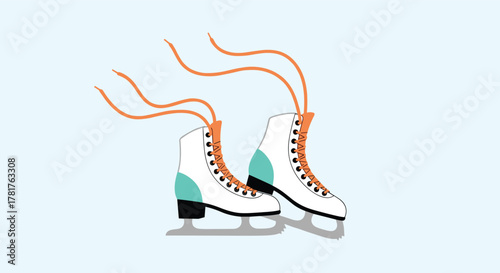 A pair of white ice skates with flowing orange laces and turquoise accents on a light blue background.