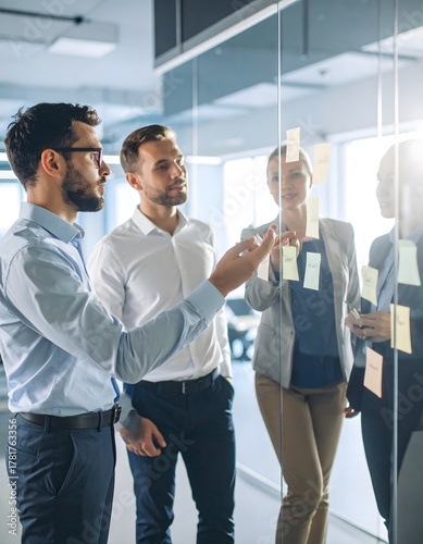 Business Team Collaborating on Sticky Notes Through Glass Partition