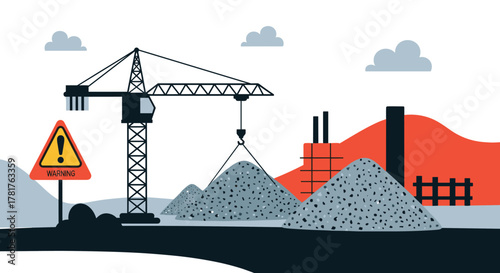 An illustration of an industrial construction site with an operating crane, material piles, a warning sign, and various structures.