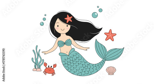 A charming cartoon mermaid with flowing black hair and a vibrant tail smiles underwater, surrounded by friendly sea creatures and playful bubbles.