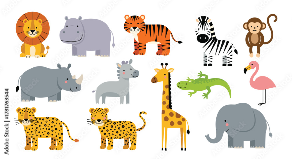 Naklejka premium A cheerful collection of cute cartoon safari animals, featuring lions, giraffes, zebras, elephants, and other wild creatures.