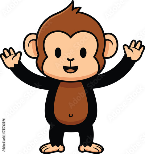 Canvas Print Cheerful cartoon monkey standing upright with raised arms and smiling face, play