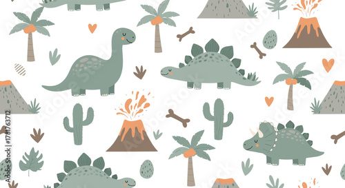 Cute prehistoric seamless pattern with happy dinosaurs, erupting volcanos, and tropical plants on a white background for kids' designs.