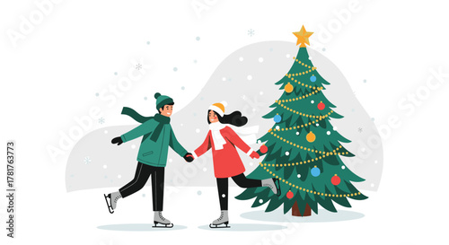 A happy couple ice skates hand-in-hand next to a beautifully decorated Christmas tree on a snowy winter day, celebrating the holiday season.