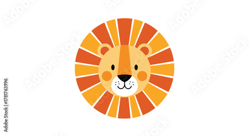 A friendly and adorable cartoon lion head with a vibrant orange and yellow mane, depicted in a simple, flat design.