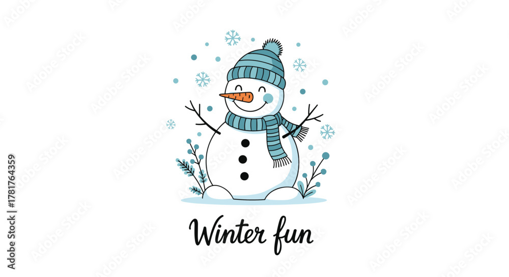 Naklejka premium A cheerful hand-drawn snowman with a carrot nose, branches for arms, and button details, adorned in a striped blue hat and scarf, celebrating winter fun.
