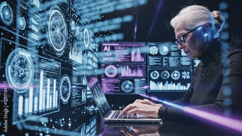 Senior woman analyzing holographic data interface with laptop