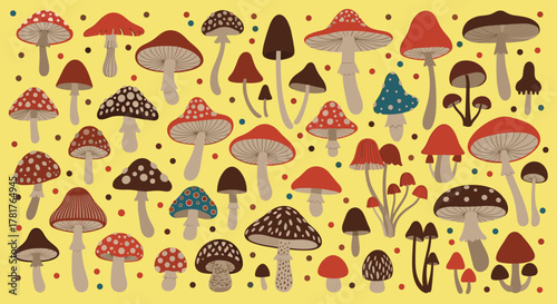 A vibrant and enchanting pattern of different types of stylized mushrooms, from spotted to plain, standing out against a sunny yellow background.