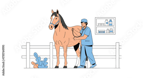 A veterinarian uses a stethoscope to examine a horse, conducting a health check-up in an equine stable.