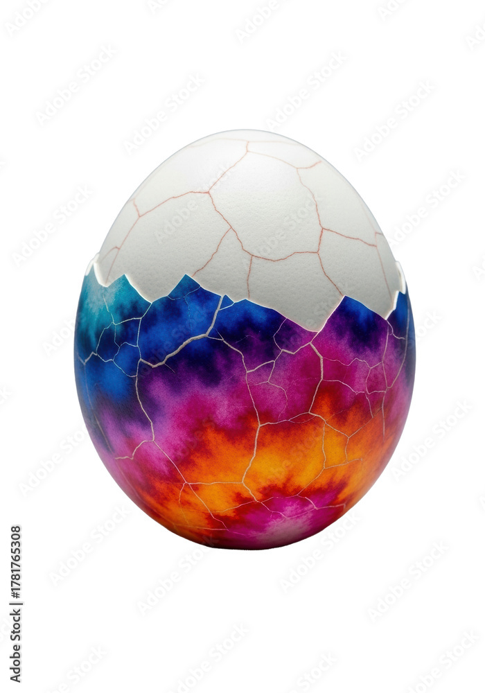Fototapeta premium Freshly cracked Easter egg, vibrant multicolored shell, spiderweb cracks, white interior, on transparent, dramatic light, delicate beauty concept