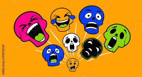 A vibrant collection of expressive sugar skull emoticons portraying a wide range of human emotions from joy to fear