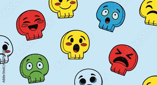 Vibrant and expressive seamless pattern featuring a diverse collection of colorful sugar skull emoticon characters