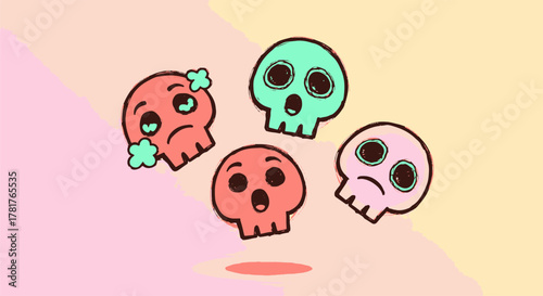 Charming illustration of four vibrant sugar skull emoticon designs, each portraying a unique emotion with a playful and whimsical aesthetic