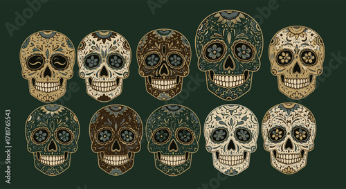 Photos A vibrant collection of intricately decorated sugar skull emoticon designs, embo