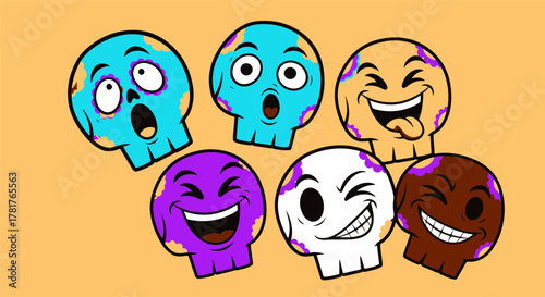 Vibrant collection of colorful sugar skull emoticon characters expressing a range of playful emotions, perfect for diverse design projects and festive celebrations