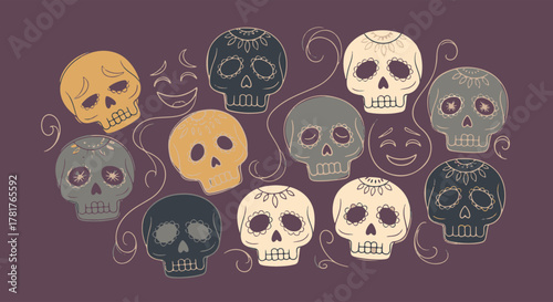 A vibrant illustration showcasing a charming array of decorative sugar skull emoticon designs with diverse facial expressions, perfect for festive cultural themes and celebrations