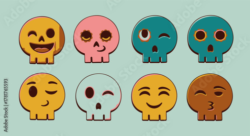A delightful collection of expressive sugar skull emoticon illustrations, showcasing a range of cute and quirky facial expressions in vibrant colors