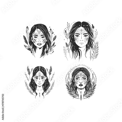 Set of four hand-drawn black and white female portraits with tribal face paint and bohemian feather or leaf elements