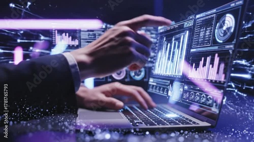 Futuristic worker typing on laptop with digital data streams