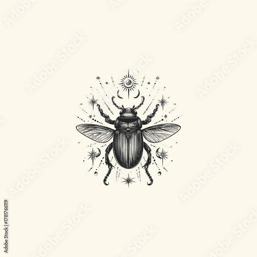 Vintage engraving style illustration of a mystical beetle surrounded by celestial stars and crescent moon symbols