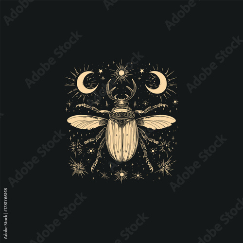 Mystical engraving style illustration of a horned beetle surrounded by two crescent moons and cosmic stars
