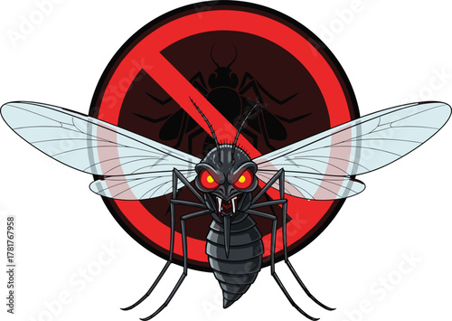 Menacing cartoon mosquito with red eyes and fangs over prohibition symbol, pest control concept for disease prevention and awareness