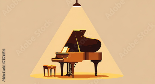 Elegant Grand Piano with Stool Under Spotlight on Stage. Minimalist Flat Illustration for Music, Concerts, and Performance.