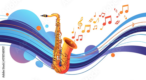 Vibrant Saxophone with Flowing Musical Notes and Abstract Waves on White Background