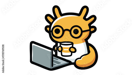 Cute Axolotl Developer with glasses working on a laptop and drinking coffee
