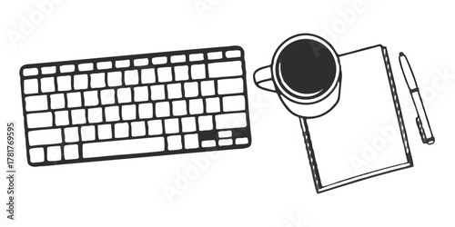 Minimal Workspace Setup — Wireless Keyboard, Coffee Mug & Notepad