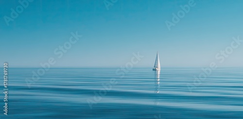 A single sailboat on a calm, smooth blue ocean beneath a clear, light blue sky