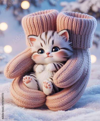 An adorable 3D illustration of a fluffy, big-eyed tabby kitten nestled securely inside a pair of chunky knit, pink mittens. The scene is set outdoors in the snow with soft bokeh Christmas lights.