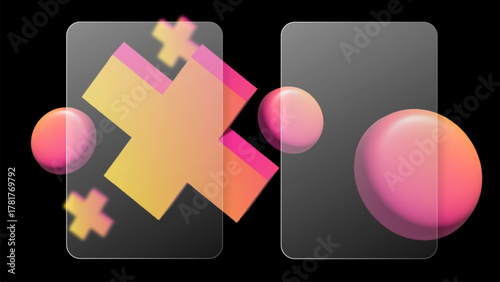 Simple 3D glass design with floating crosses and spheres