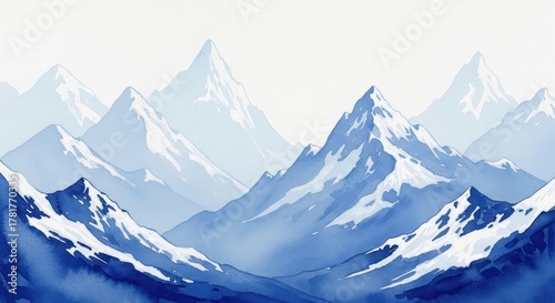 Watercolor painting snowy mountain peaks artistic panorama backdrop