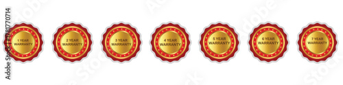 Gold and Red Warranty Badge Labels – 1 to 7 Year Guarantee Icons Set