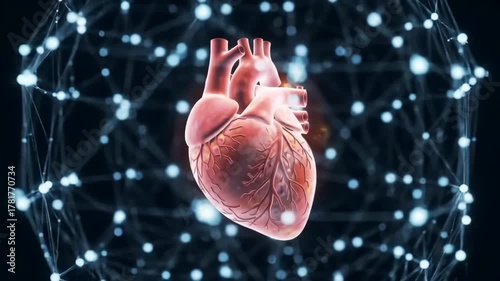 Human heart floating, surrounded by glowing network, in healthcare, medicine, or science imagery