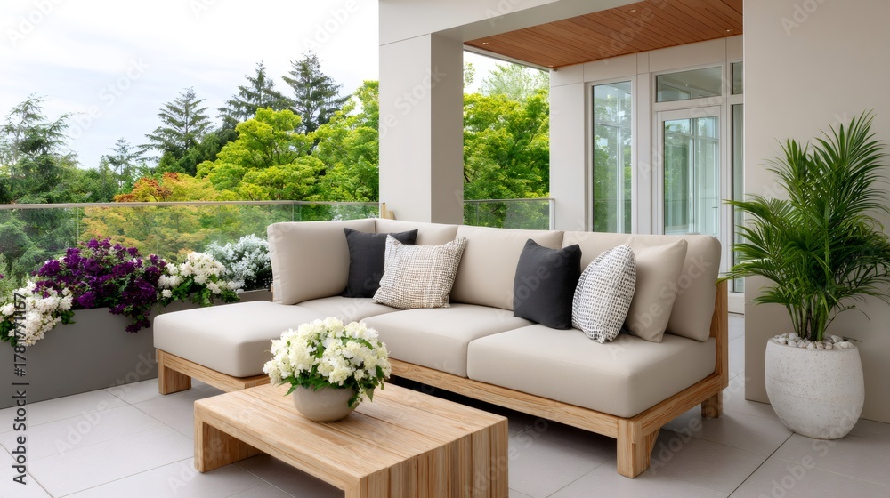 Naklejka premium Modern outdoor patio living area with comfortable sofa