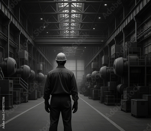 A worker stands in the center of a production workshop with machines.