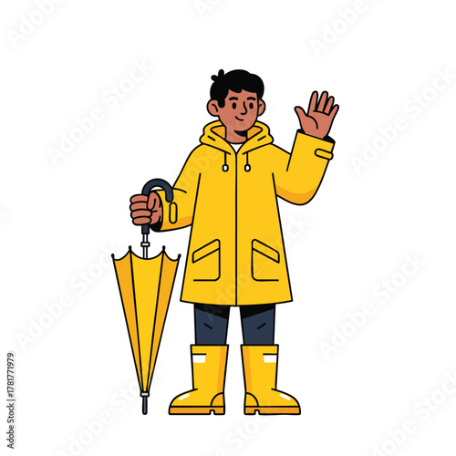 A friendly cartoon character in a yellow raincoat and boots waving hello while holding a closed umbrella.