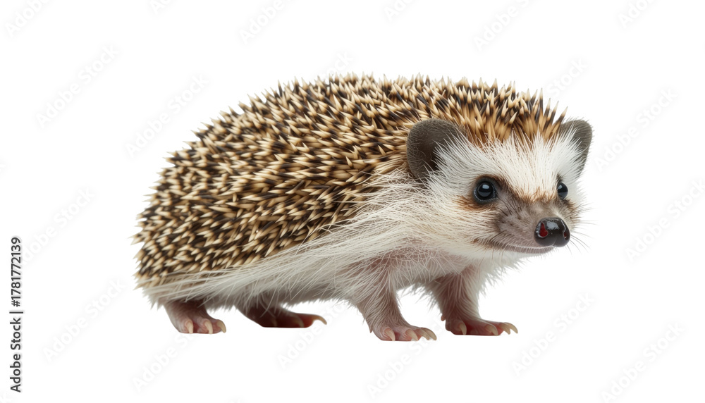 Fototapeta premium Hedgehog standing on surface showing sharp spines and small brown body with natural wildlife detail isolated on white background